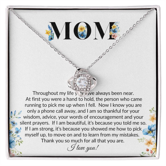 Mom: A Love Knot necklace with a heartfelt message for your Mom.  Perfect for Mother's day, Birthday or any moment you wish to express your deep appreciation.
