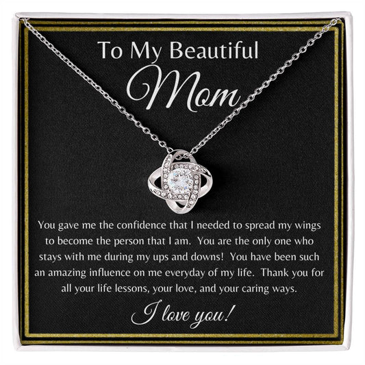 "To  My Beautiful Mom: A Love Knot Necklace Paired with a Heartfelt Message, Perfect for Mother's Day, Birthdays, or Any Occasion"