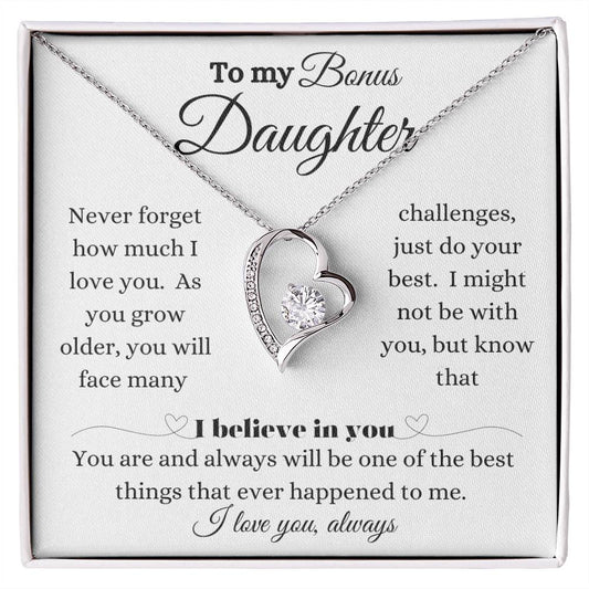 To my Bonus Daughter | Never Forget How Much I Love You | Forever Love Necklace | Let her know how much you care, Perfect for Birthday, Graduation, Christmas, or anytime.